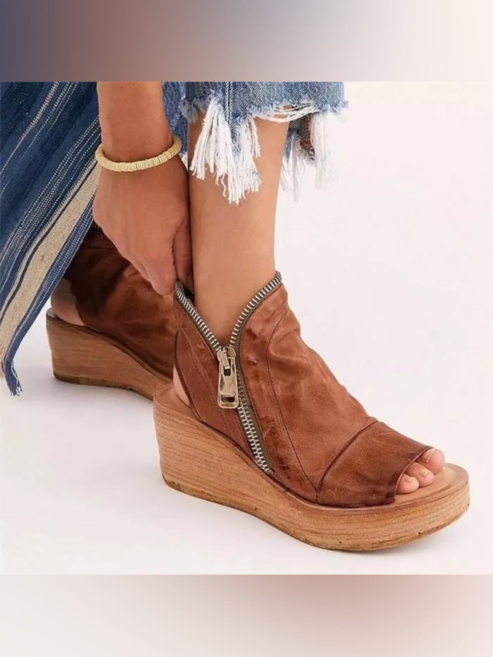 A.S.98 Naylor Tan Leather Platform Wedge Sandals - Picture 9 of 9